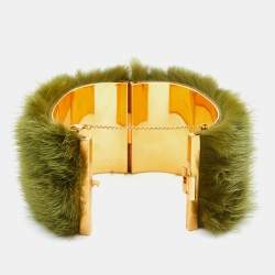 Marni Green Faux Fur Gold Tone Cuff Bracelet M