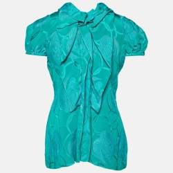 Pre Owned Marni Green Jacquard Silk Blend V-Neck Top S