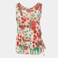 Marni White/Red Floral Print Cotton Peplum Top M