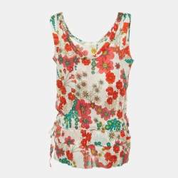 Marni White/Red Floral Print Cotton Peplum Top M