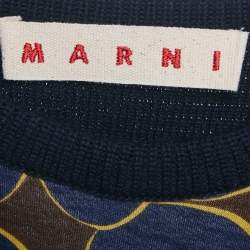 Pre Owned Marni Navy Blue Floral Print Rib Knit and Jersey Sweatshirt S