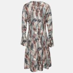 Pre Owned Marni Brown/Navy Blue Printed Silk Midi Dress M