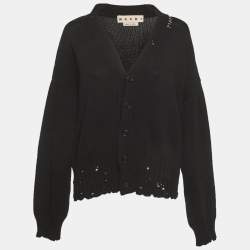 Pre Owned Marni Black Knit Distressed Embroidered Logo Cardigan L