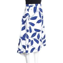 Pre Owned Marni White and Blue Leaf Print Cotton and Linen Drill Wrap Skirt M