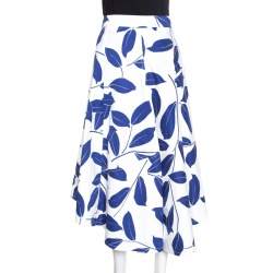 Pre Owned Marni White and Blue Leaf Print Cotton and Linen Drill Wrap Skirt M