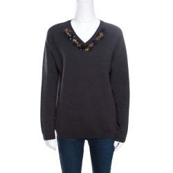 Marni Dark Grey Wool Crystal Embellished V Neck Sweater M