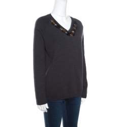 Marni Dark Grey Wool Crystal Embellished V Neck Sweater M