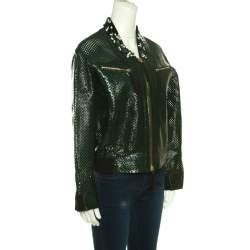 Pre Owned Marni Emerald Green Perforated Leather Floral Embellished Detail Bomber Jacket S