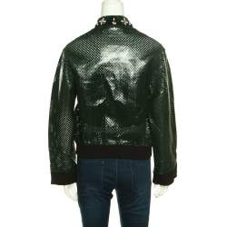 Pre Owned Marni Emerald Green Perforated Leather Floral Embellished Detail Bomber Jacket S