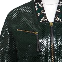 Pre Owned Marni Emerald Green Perforated Leather Floral Embellished Detail Bomber Jacket S