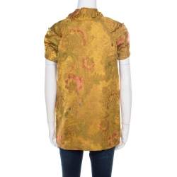 Pre Owned Marni Gold Floral Jacquard Frayed Trim Detail Cap Sleeve Top S
