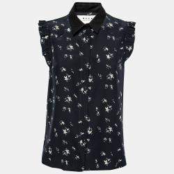 Marni Navy Blue Printed Silk Ruffled Detail Sleeveless Shirt M