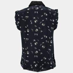 Marni Navy Blue Printed Silk Ruffled Detail Sleeveless Shirt M