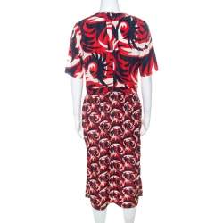 Marni Red & Blue Mixed Print Silk Blend Short Sleeve Dress M