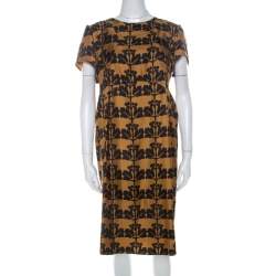Pre Owned Marni Mustard Yellow and Black Printed Silk Short Sleeve Shift Dress L
