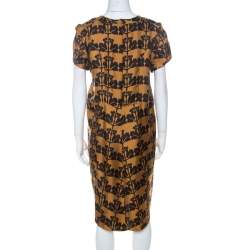 Pre Owned Marni Mustard Yellow and Black Printed Silk Short Sleeve Shift Dress L