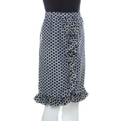 Marni Blue and White Polka Dot Printed Coated Silk Ruffle Detail Skirt S 