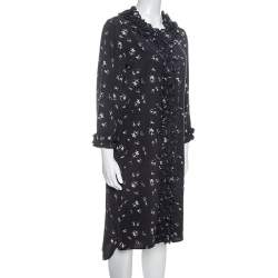 Pre Owned Marni Navy Blue Printed Silk Ruffled Detail Shift Dress M
