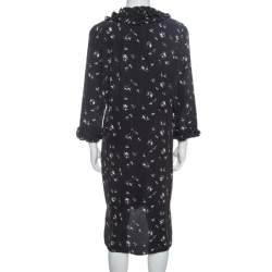 Pre Owned Marni Navy Blue Printed Silk Ruffled Detail Shift Dress M