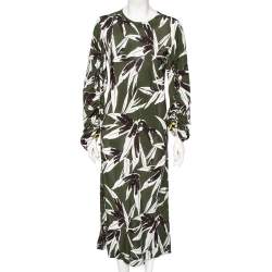 Marni Green Leaf Print Crepe Ruched Midi Dress M