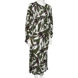 Marni Green Leaf Print Crepe Ruched Midi Dress M