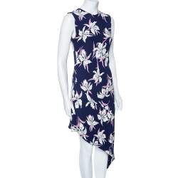 Pre Owned Marni Navy Blue Floral Printed Silk Georgette Asymmetric Dress M