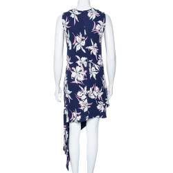 Pre Owned Marni Navy Blue Floral Printed Silk Georgette Asymmetric Dress M
