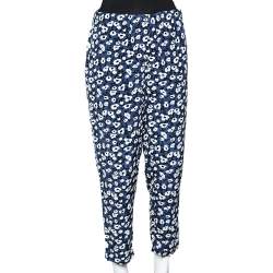 Pre Owned Marni Navy Blue Floral Printed Silk Cropped Trousers M