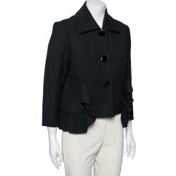 Marni Black Textured Cotton Ruffled Trim Detailed Button Front Jacket M