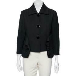 Marni Black Textured Cotton Ruffled Trim Detailed Button Front Jacket M