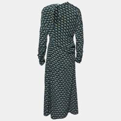 Pre Owned Marni Green Printed Silk Gathered Detail Draped Dress M