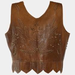 Pre Owned Marni Brown Leather Beads Embellished Crop Vest M
