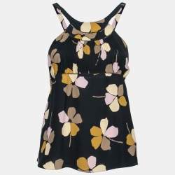Pre Owned Marni Black Floral Print Silk Pleated Detail Sleeveless Top S