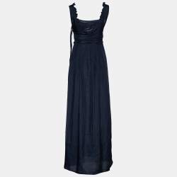 Marni Navy Blue Silk Applique Detail Belted Sleeveless Maxi Dress M