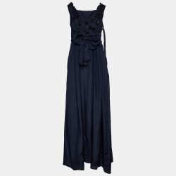 Marni Navy Blue Silk Applique Detail Belted Sleeveless Maxi Dress M