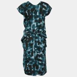 Pre Owned Marni Dark Green Printed Cotton Ruched Oversized Dress L