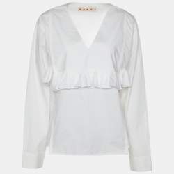 Pre Owned Marni White Cotton Ruffle Detail V-Neck Top L