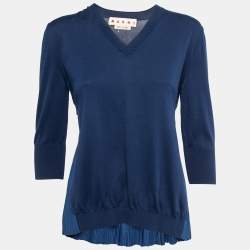 Marni Blue Knit V-Neck Pleated Pullover M
