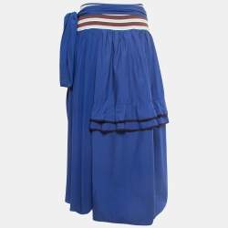 Pre Owned Marni Navy Blue Cotton & Knit Waist Tie Detail Midi Skirt S