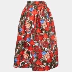Marni Red Floral Print Cotton Gathered Midi Skirt S