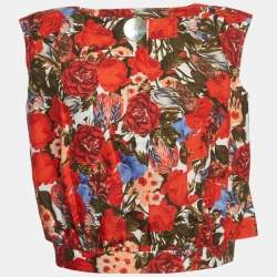 Pre Owned Marni Red Floral Print Cotton Bateau Neck Blouse S