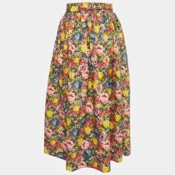 Marni Multicolor Floral Print Cotton Poplin Gathered Midi Skirt S