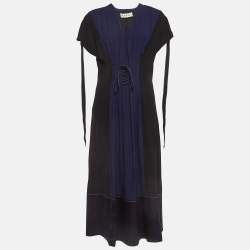 Pre Owned Marni Black and Blue Sateen Lace-Up Waist Detailed Midi Dress S