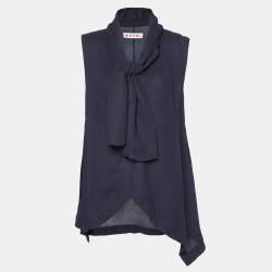Marni Midnight Blue Crepe Draped Collar Sleeveless Top S
