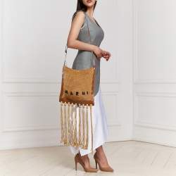 Marni Beige/Brown Leather and Raffia Fringe Shoulder Bag
