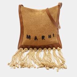 Marni Beige/Brown Leather and Raffia Fringe Shoulder Bag