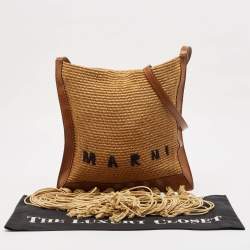 Marni Beige/Brown Leather and Raffia Fringe Shoulder Bag