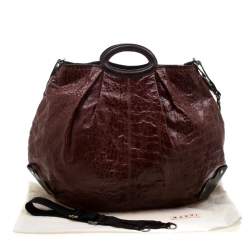 Pre Owned Marni Brown Croc Embossed Glaze Leather Balloon Hobo