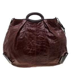 Pre Owned Marni Brown Croc Embossed Glaze Leather Balloon Hobo