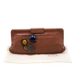 Marni Brown Glaze Leather Multicolor Stone Frame Clutch